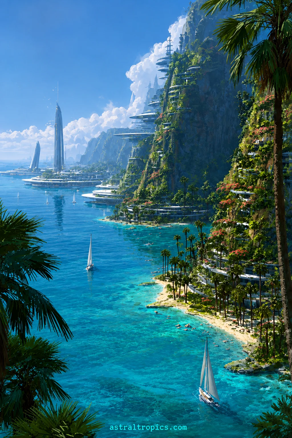 Futuristic Tropical City Poster, Luxury Coastal Sci-Fi Art, Neon Paradise Wall Decor product image (1)
