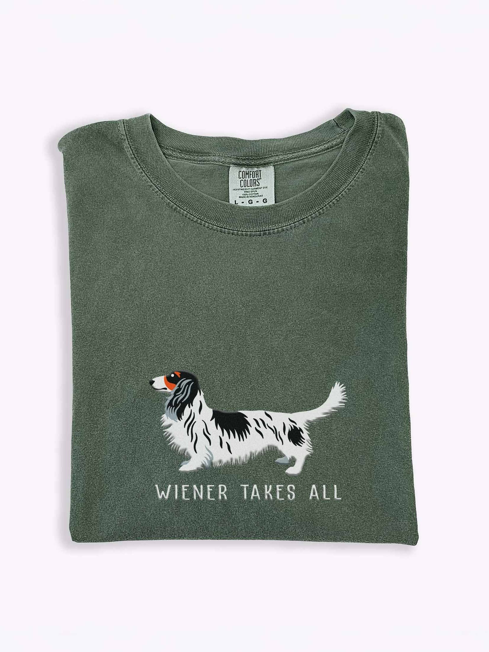 Wiener Takes All T-Shirt(Embroidered) of a Longhaired Dachshund(Pied Black & White) product image (1)
