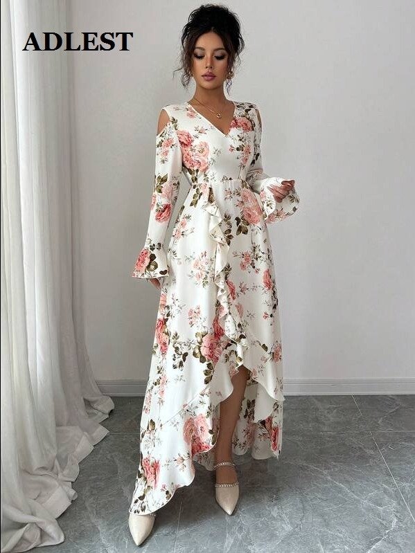 ADLEST | Y2K Women's Elegant, Stylish And Temperamental Long Dresses With Floral Prints, Featuring Off-The-Shoulder Design And Asymmetrical Hems, Autumn, Valentine's Day And Christmas product image (5)