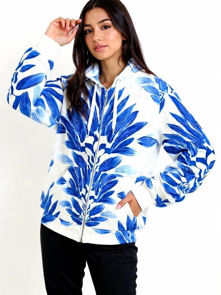 Symmetrical Blue Floral Women’s Zip Hoodie product image (2)