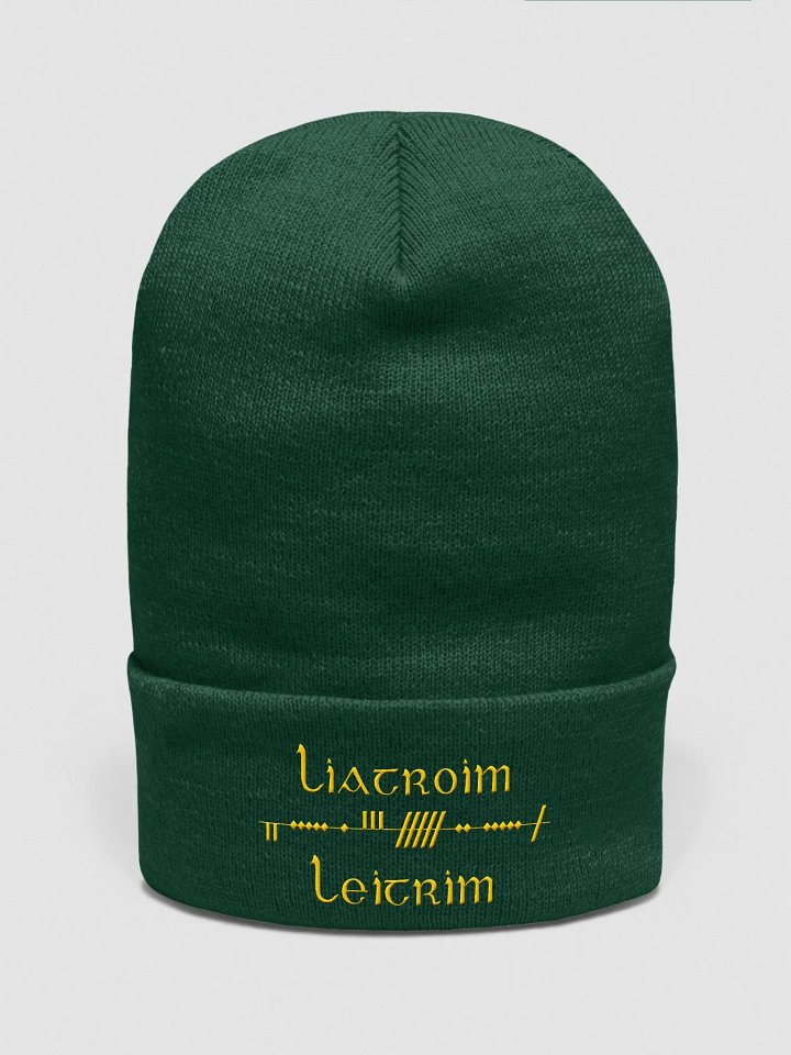 Leitrim/Liatroim Scholastic style Ogham, Green with Gold, embroidered Cuffed Beanie product image (1)