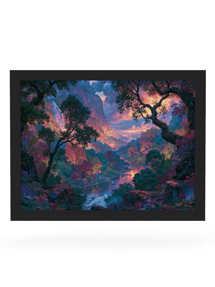 Twilight Forest Framed Art Print — Twilight Valley of Trees
