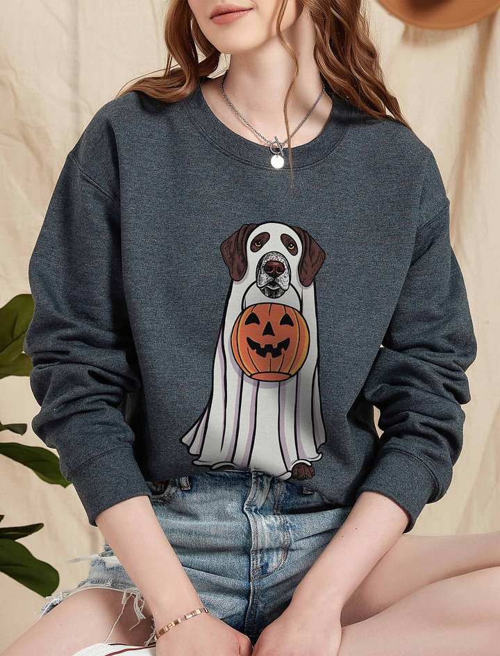 Funny Halloween German Shorthaired Pointer(2) Sweatshirt | Funny GSP Wearing a Ghost Costume and Holding a Pumpkin Basket product image (2)