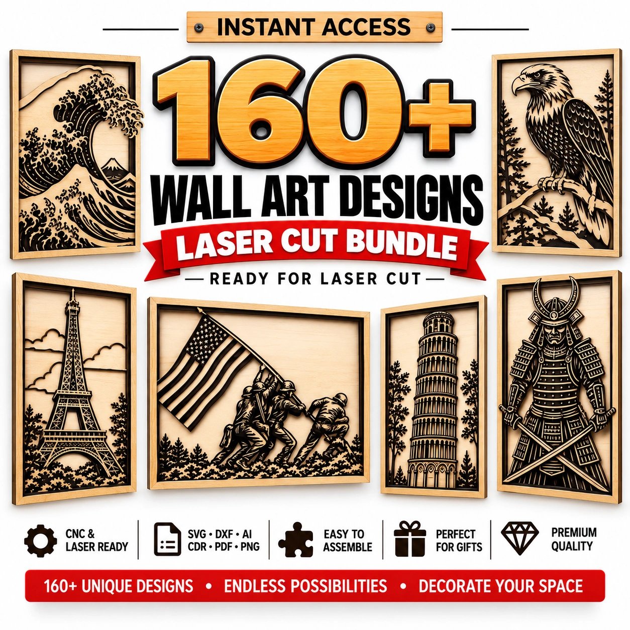 160 Laser Cut Wall Art Designs Bundle | SVG & PNG Files for Metal, Wood, Acrylic & CNC product image (1)