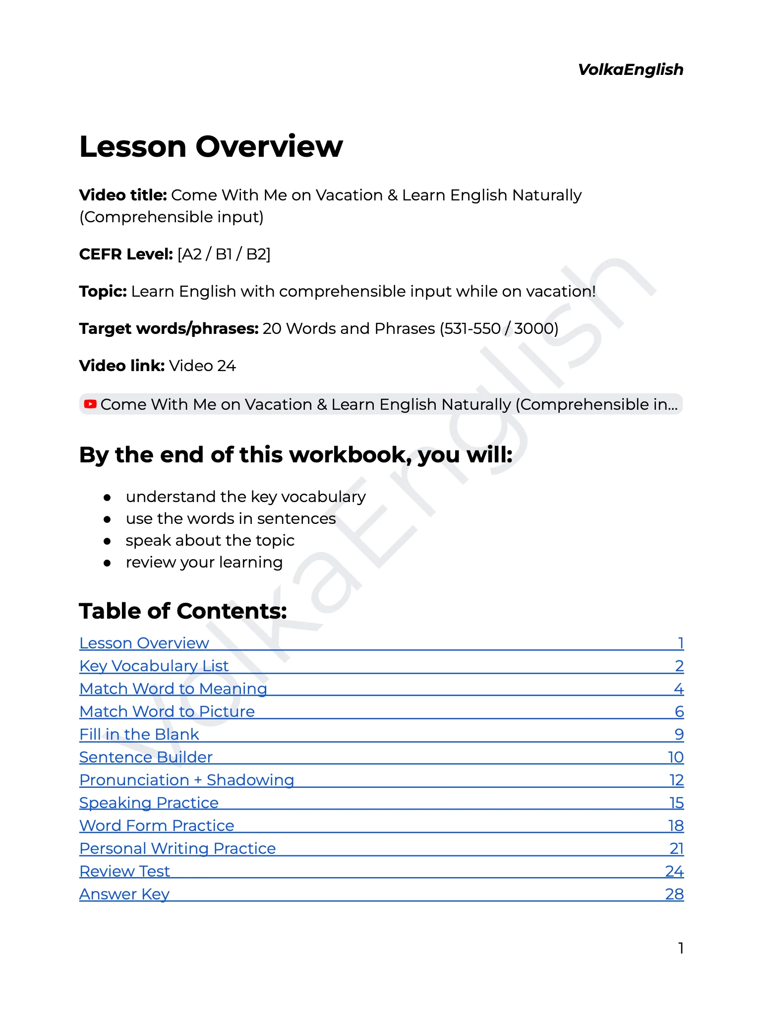 Come With Me on Vacation & Learn English Naturally (Comprehensible input) - Video 24 Study Pack product image (2)