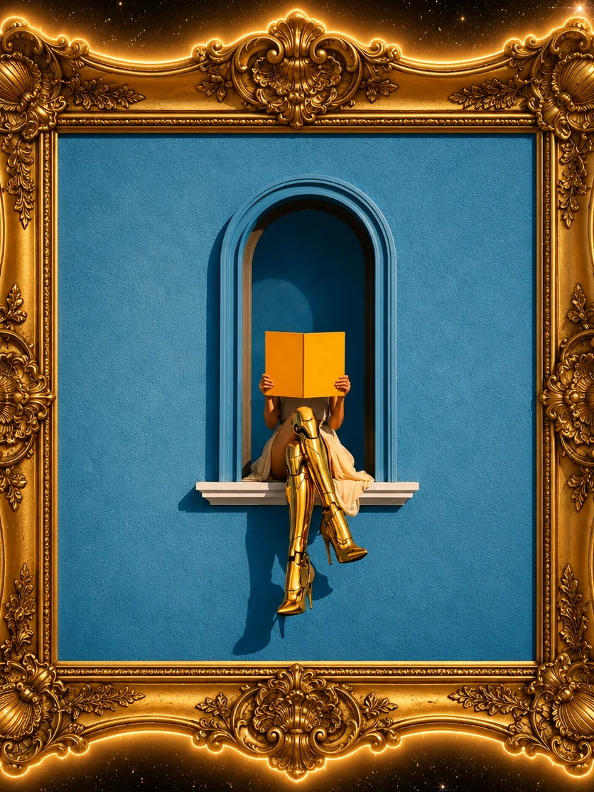 Golden Boots & Yellow Book | Minimalist Surreal Wall Art product image (1)