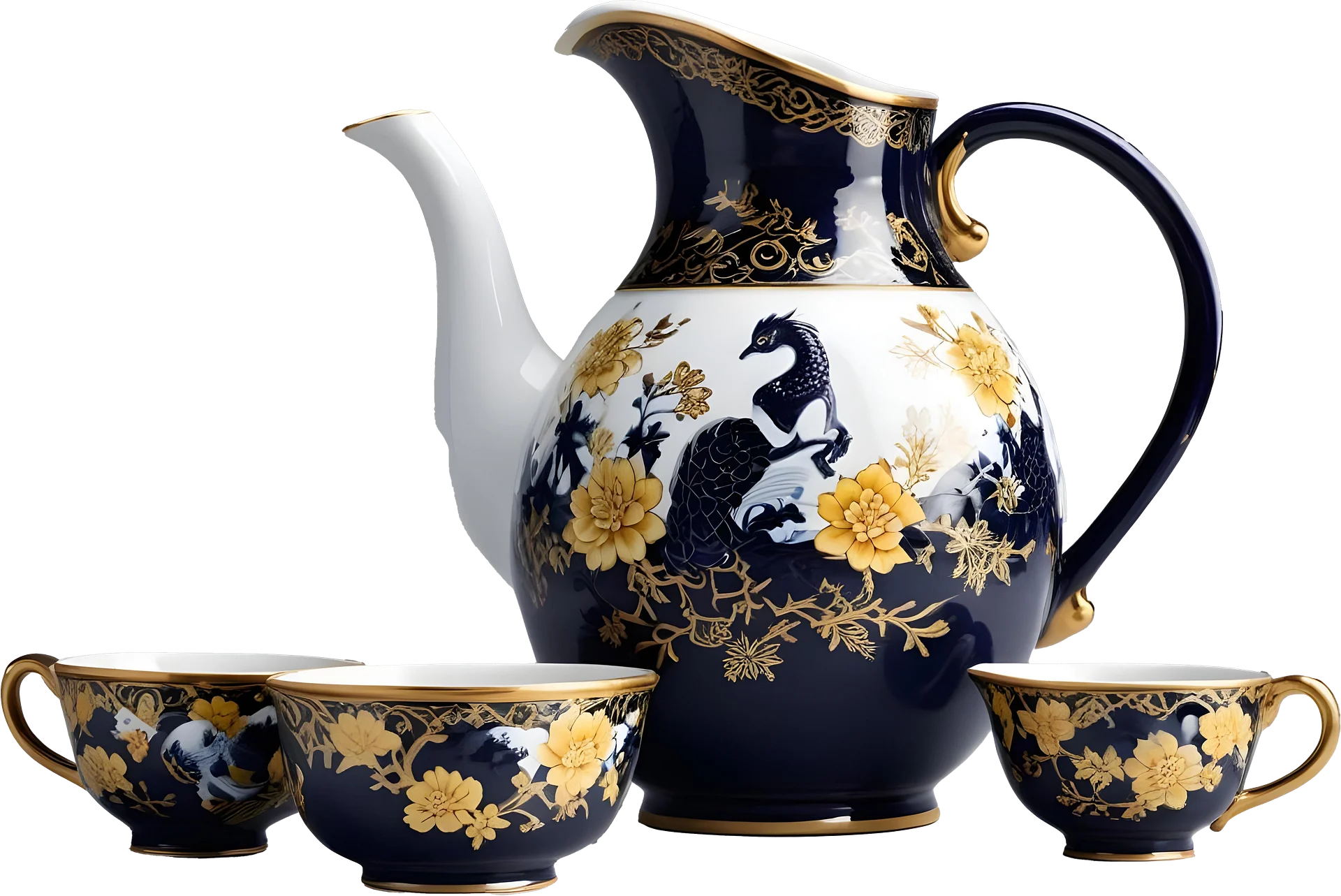 Chinese Porcelain Tea Set with Golden Peacock Motif PNG product image (1)
