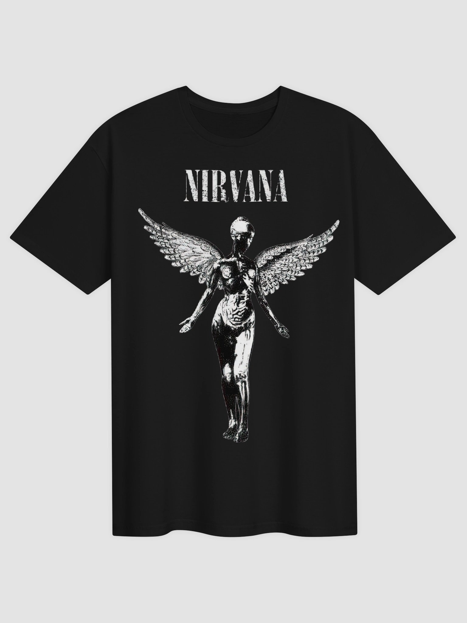 Nirvana In Utero Angel T-Shirt | Winged Figure Monochrome Graphic Tee | Kurt Cobain 90s Grunge Collector Band Shirt product image (2)