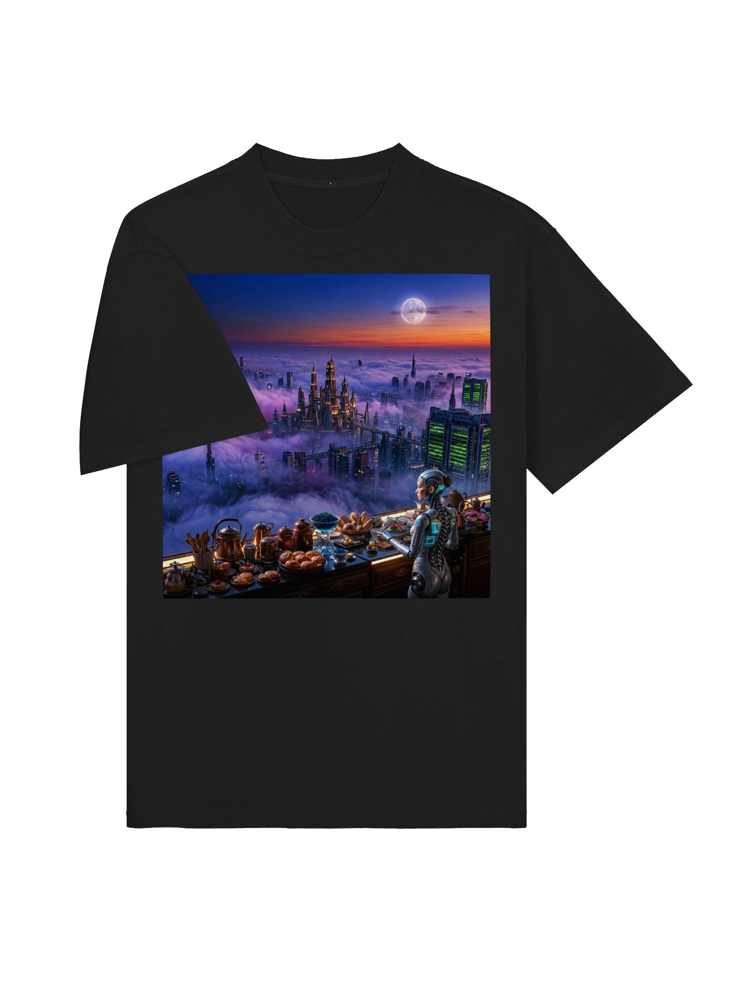 Gift for Sci-Fi Fans | Cozy Cyberpunk Robot Breakfast Oversized Faded T-Shirt | Futuristic Techwear Streetwear Gift product image (4)