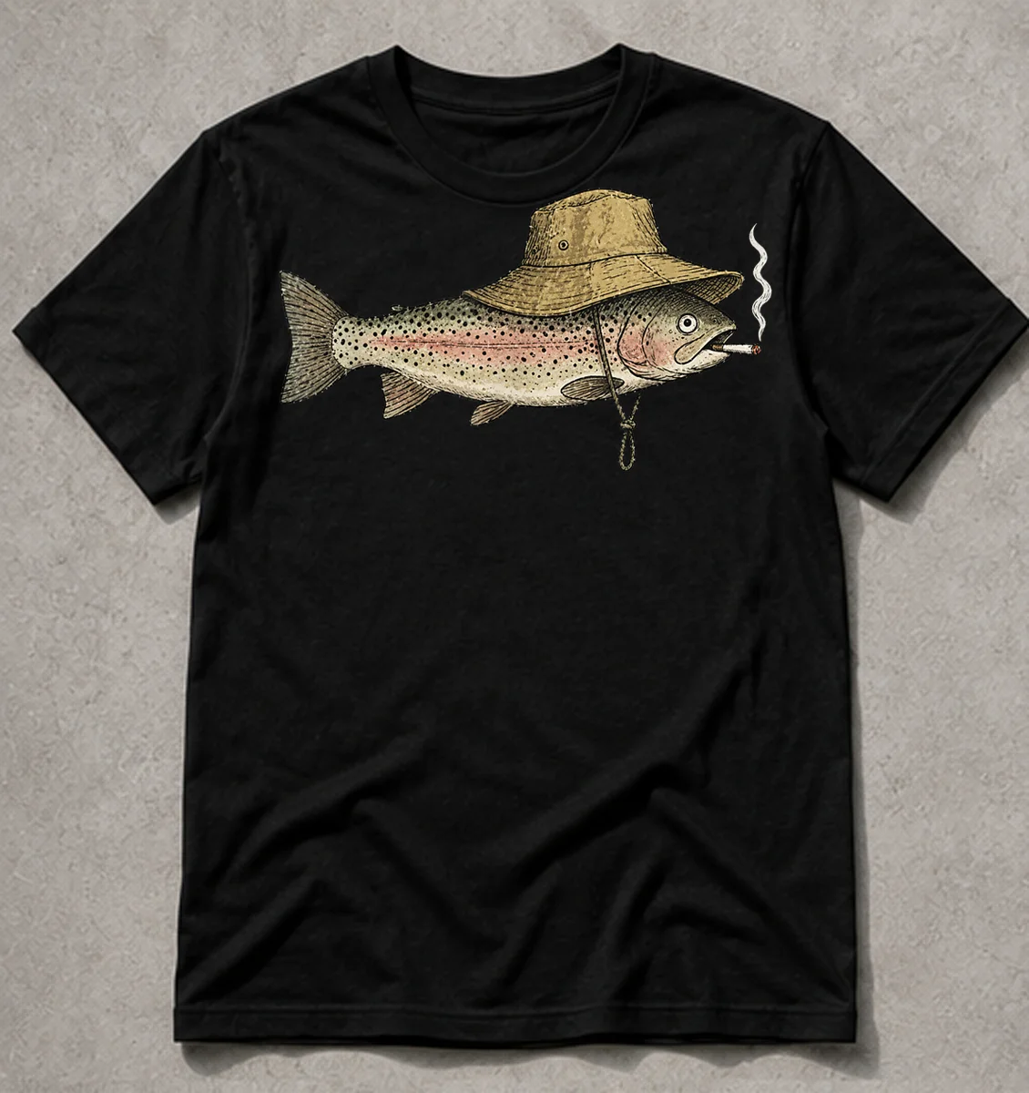Rolig T-shirt för Öringfiske – Vintage Fiskare med Rökande Hatt product image (1)