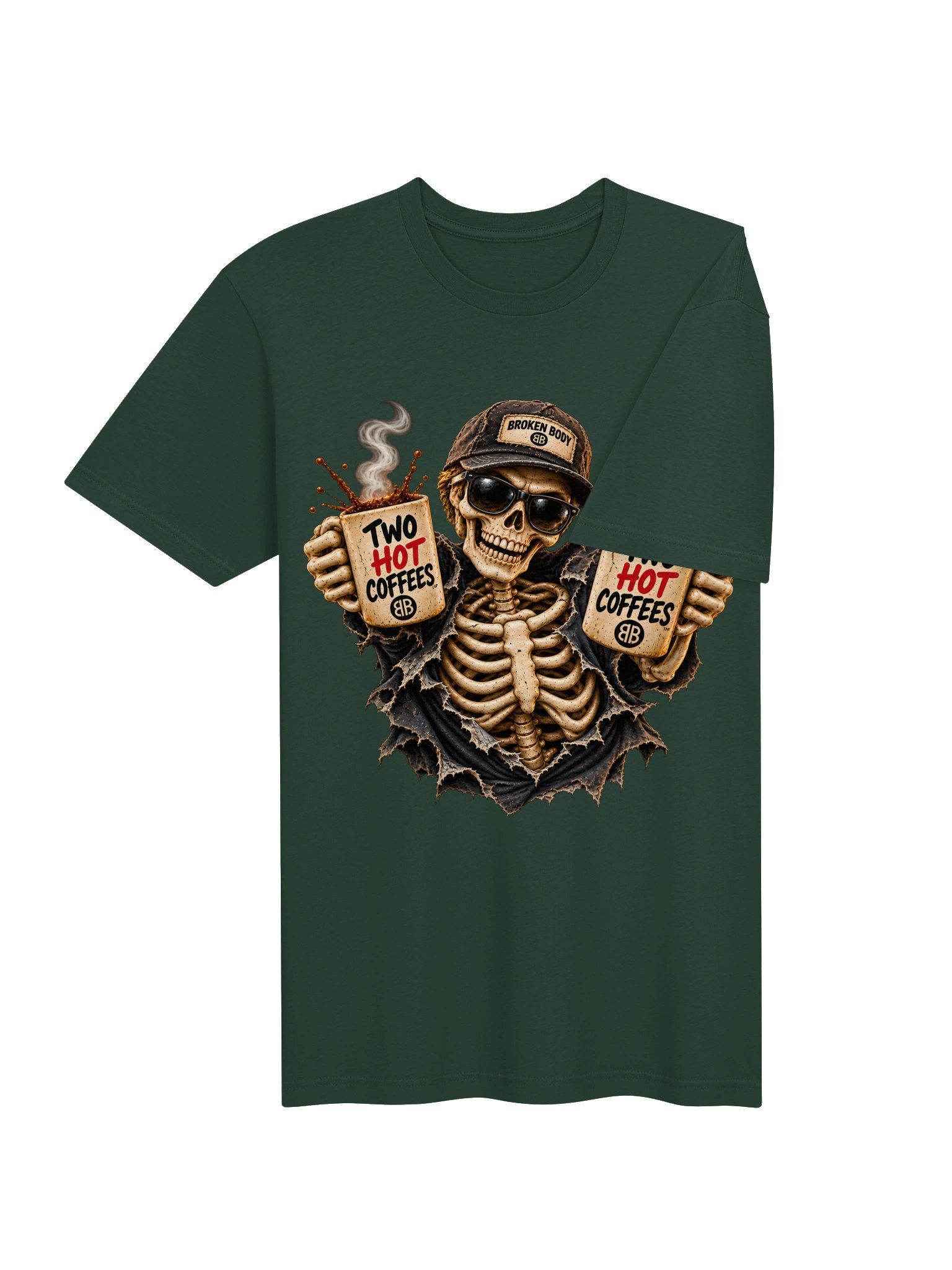 Funny Halloween Skeleton Coffee Shirt — Two Hot Coffees™ Single-Print Tee | Holly-Ween™ product image (5)