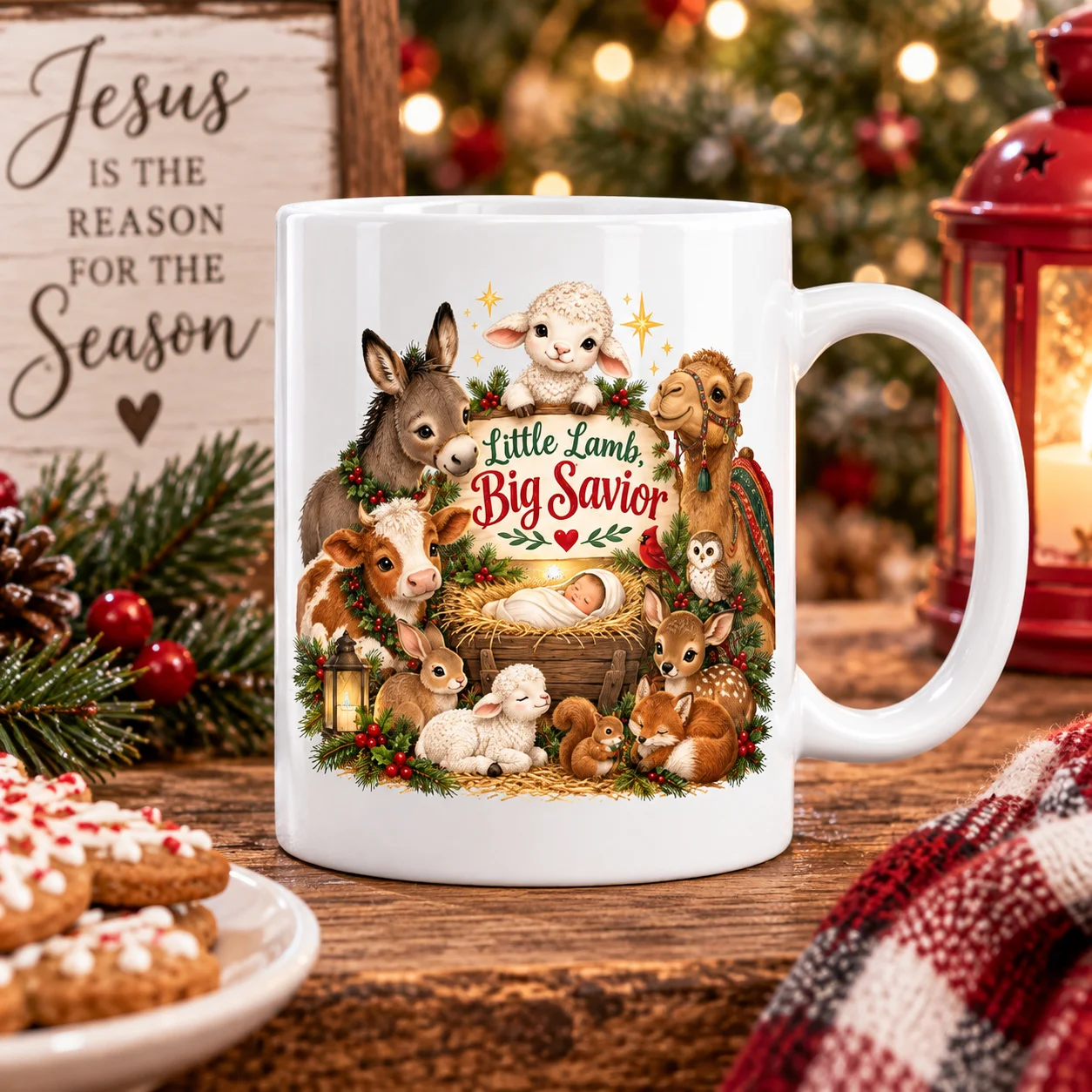 Little Lamb Big Savior Mug | Christian Christmas Nativity Mug | Cute Lamb & Animal Christmas Gift product image (1)