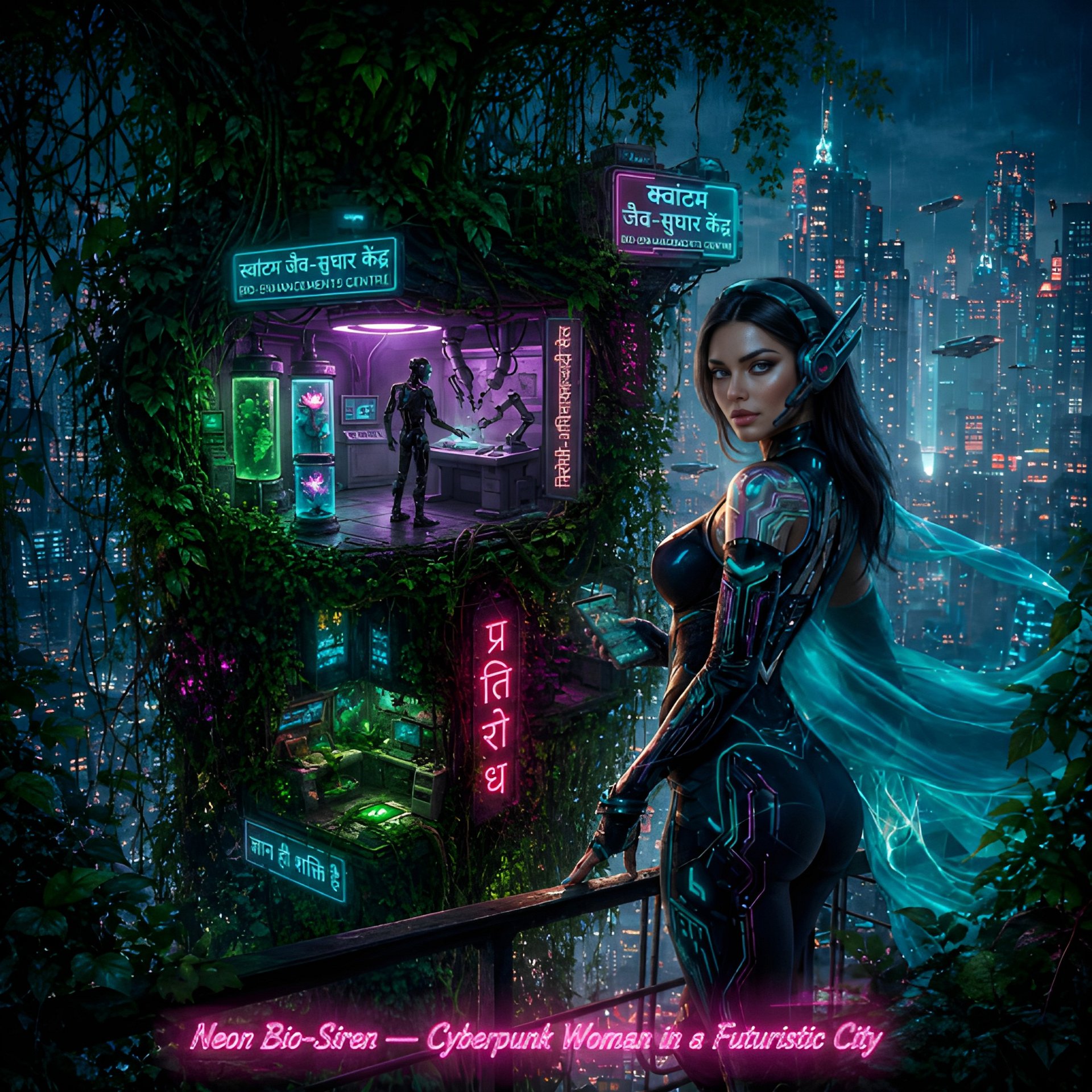 Neon Bio-Siren Cyberpunk Woman in Futuristic City | Sci-Fi Neon Fantasy Wall Art Print & Decor product image (2)