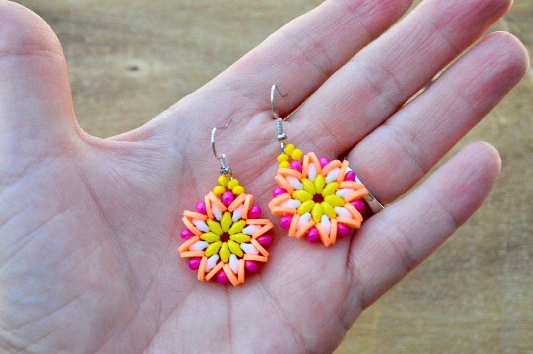 Orange Yellow Pink and White Beaded Flower Earrings Handmade product image (2)