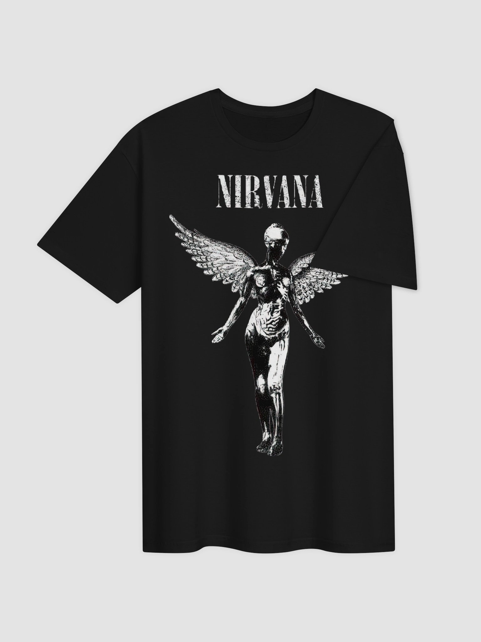 Nirvana In Utero Angel T-Shirt | Winged Figure Monochrome Graphic Tee | Kurt Cobain 90s Grunge Collector Band Shirt product image (4)