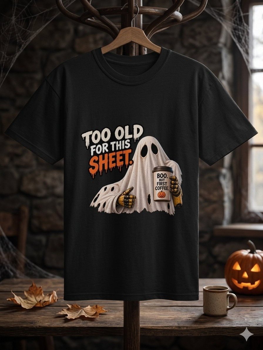 Funny Halloween Ghost Shirt — Too Old for This Sheet Coffee Lover Tee | Holly-Ween™ product image (1)