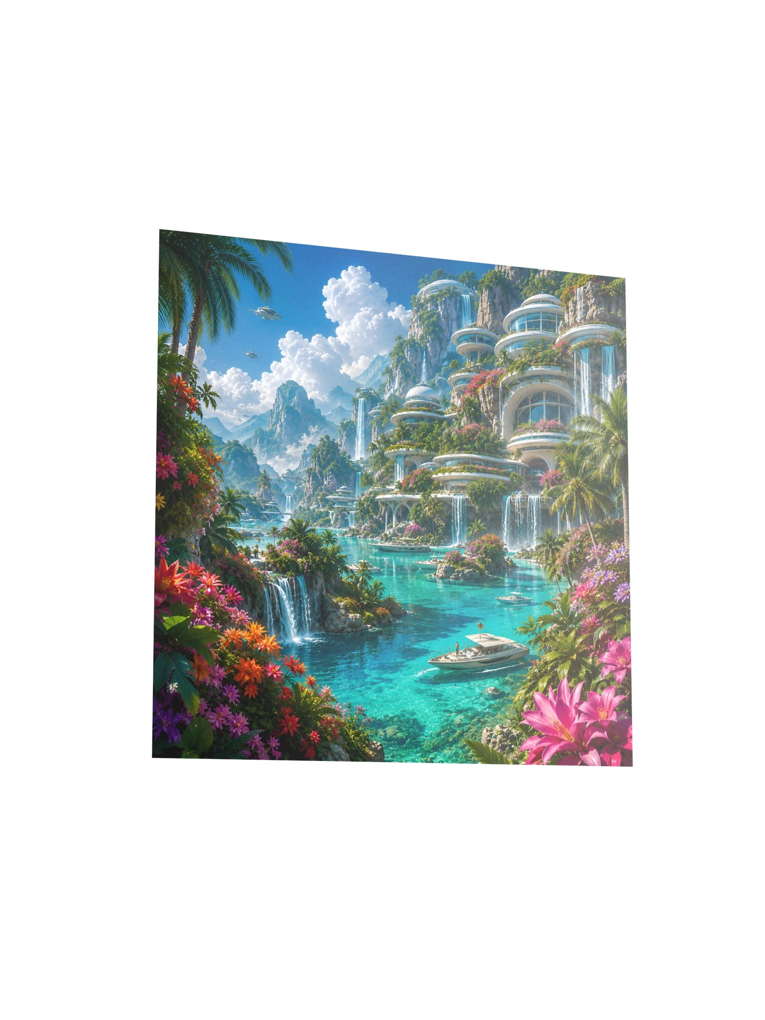 Futuristic Tropical Paradise Waterfall City, Turquoise Lagoon Sci-Fi Wall Art Poster* product image (4)