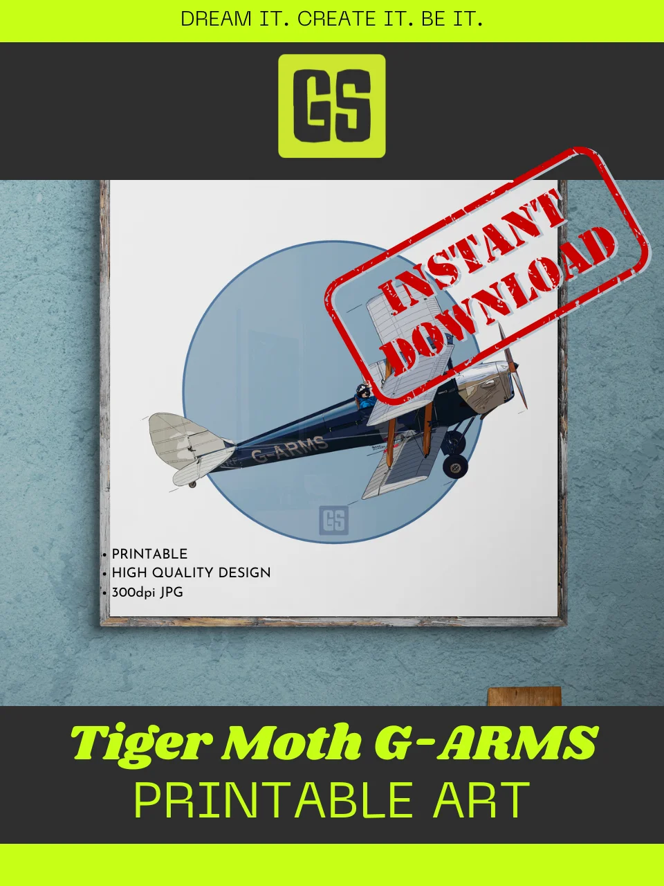 Tiger Moth G-ARMS Printable Aviation Wall Art Square Size Blue Circle & White Border Background product image (5)