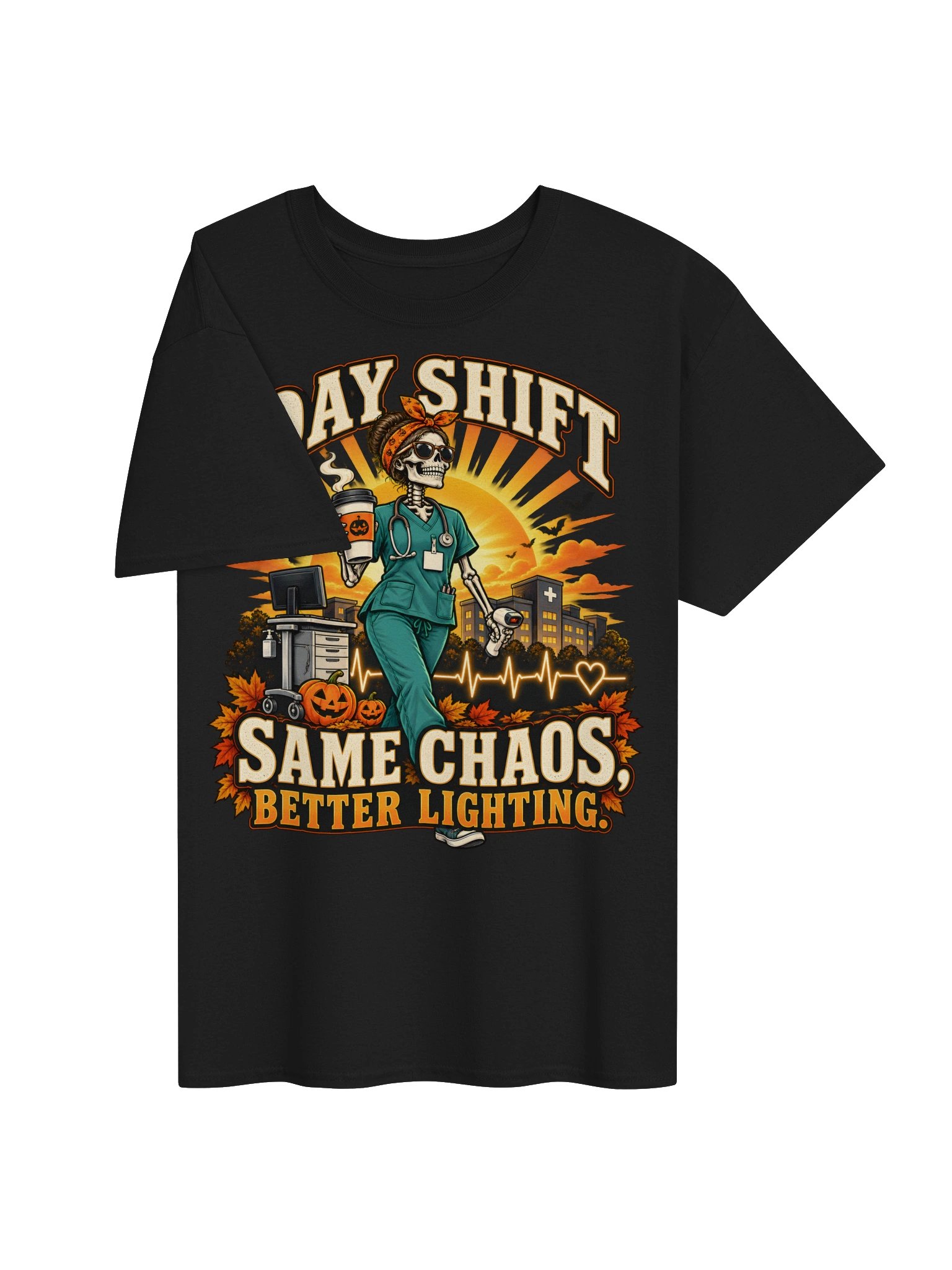 Day Shift—Same Chaos, Better Lighting | Halloween Nurse Shirt product image (3)