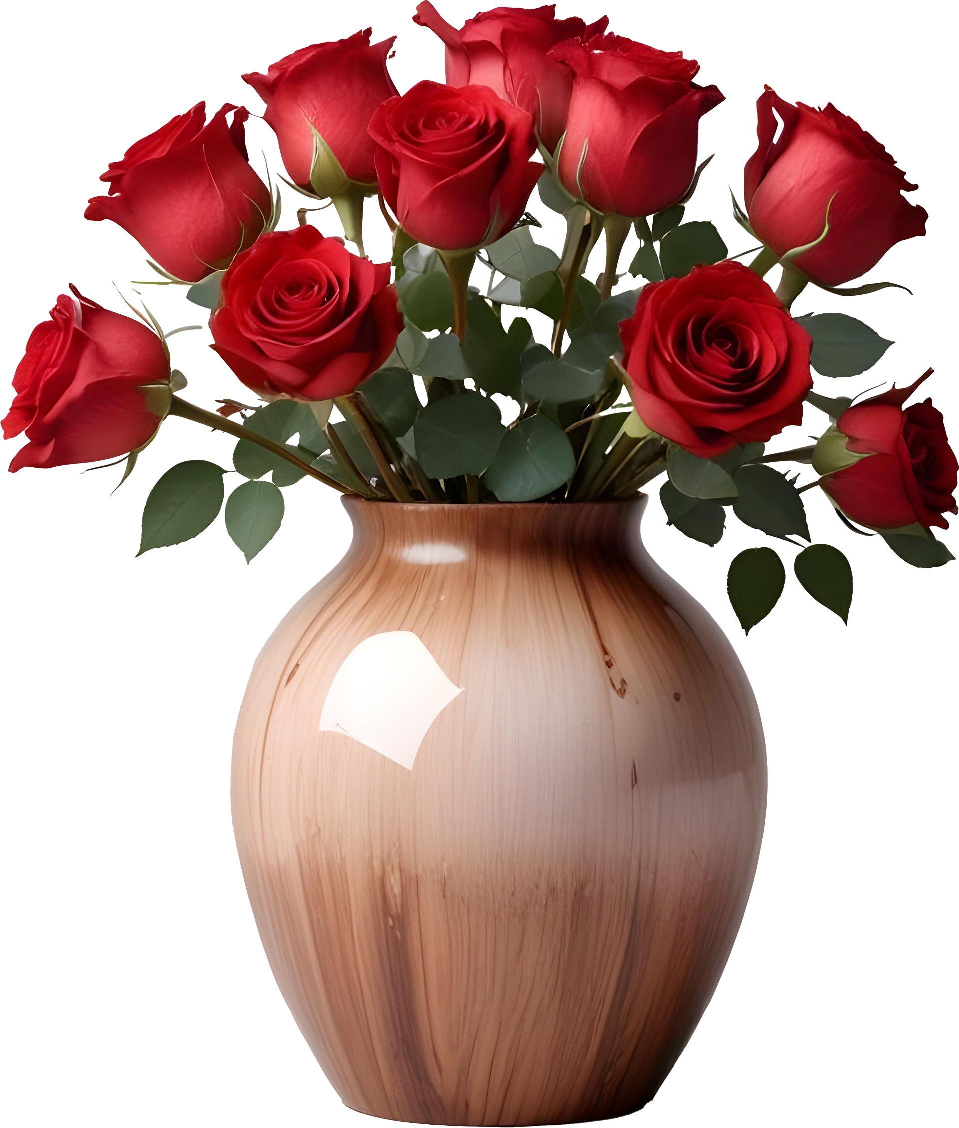 Glossy Wood-Effect Vase with Red Roses PNG product image (1)