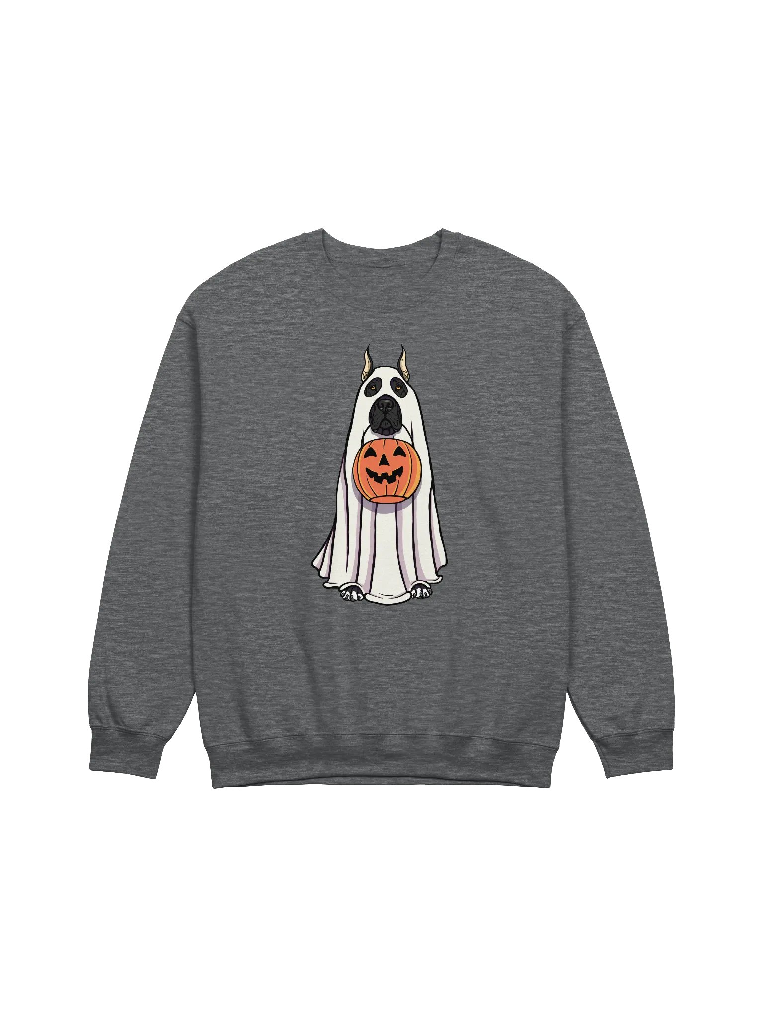 Funny Halloween Great Dane(Cropped Ears Black) Sweatshirt | Funny Great Dane Wearing a Ghost Costume and Holding a Pumpkin Basket product image (1)