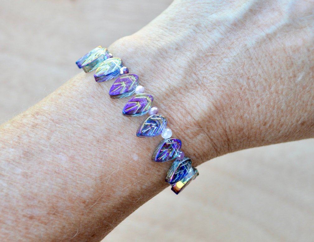 Iridescent Purple Leaf Bracelet With Copper Flower Charm and Extender Chain product image (2)