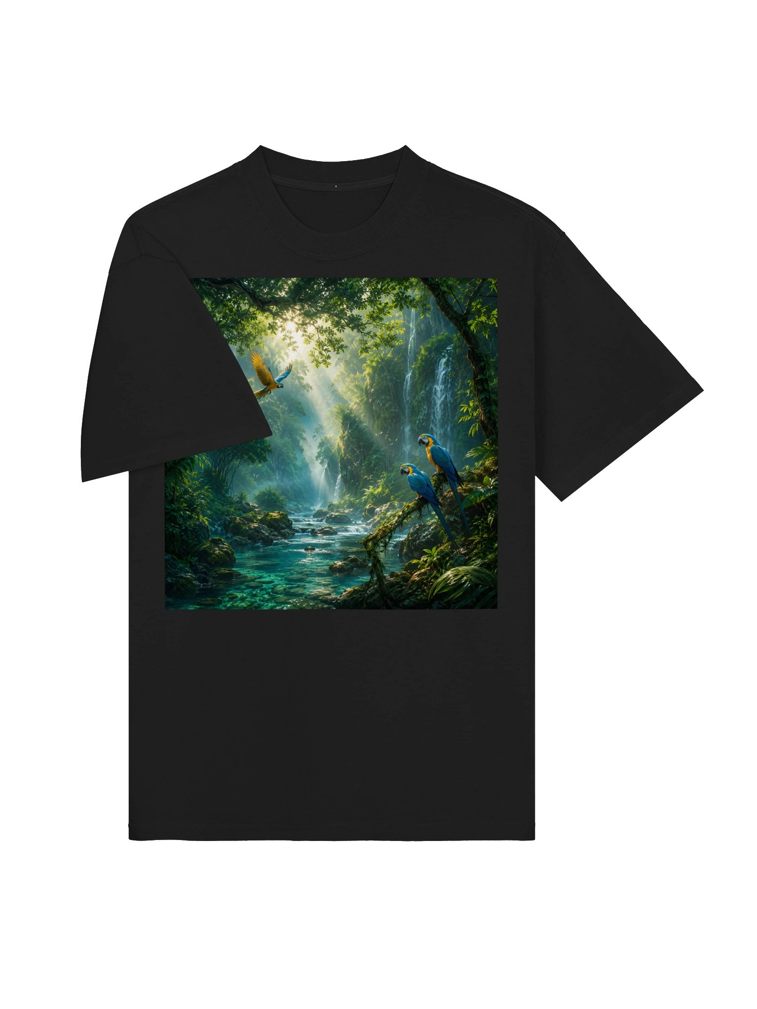 Tropical Macaw Rainforest T-Shirt | Unisex Oversized Nature Art Tee | Jungle Waterfall & Parrot Shirt product image (4)