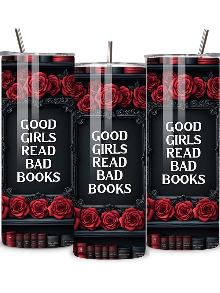 Goth 20oz Skinny Tumbler with Metal Straw – Elegant Red Rose and Library Design – Double-Walled Insulated Stainless Steel Tumbler for Hot & Cold Drinks, Gift for Goth Book Lover product image (2)