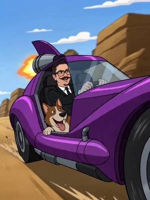 A tribute to Wacky Races.  A high-speed, chaotic cartoon car race in the vibrant, exaggerated art style of 1960s Hanna-Barbera animation. ​In the lead, @Mortimer🕶💫  , a classic theatrical villain with a sharp suit, a thin handlebar mustache, and a devious smirk, is driving a sleek, purple, rocket-powered vehicle with his dog muttley. He is frantically pulling a giant lever to deploy a trap. ​Right behind him, @Robb Ree aka Ol Dude  , a giant, friendly, shaggy-haired caveman made almost entirely of fur, is driving a primitive, hollowed-out stone wheel car. @Robb Ree aka Ol Dude   is laughing wildly and swinging a wooden club in the air as his prehistoric car bounces down the dirt track. ​The background is a bright, colorful desert canyon with zooming motion blur, dust clouds kicking up, and explosions of colorful smoke. The camera angle is a dynamic, low-angle tracking shot moving alongside the vehicles to capture the fast-paced, slapstick action. Bright saturations, 2D-animation look, cinematic lighting, 4k.#aicast 