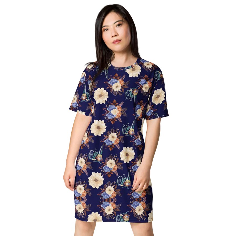 Vintage Vibes | Retro Blue Blossom and Bike T-Shirt Dress product image (4)