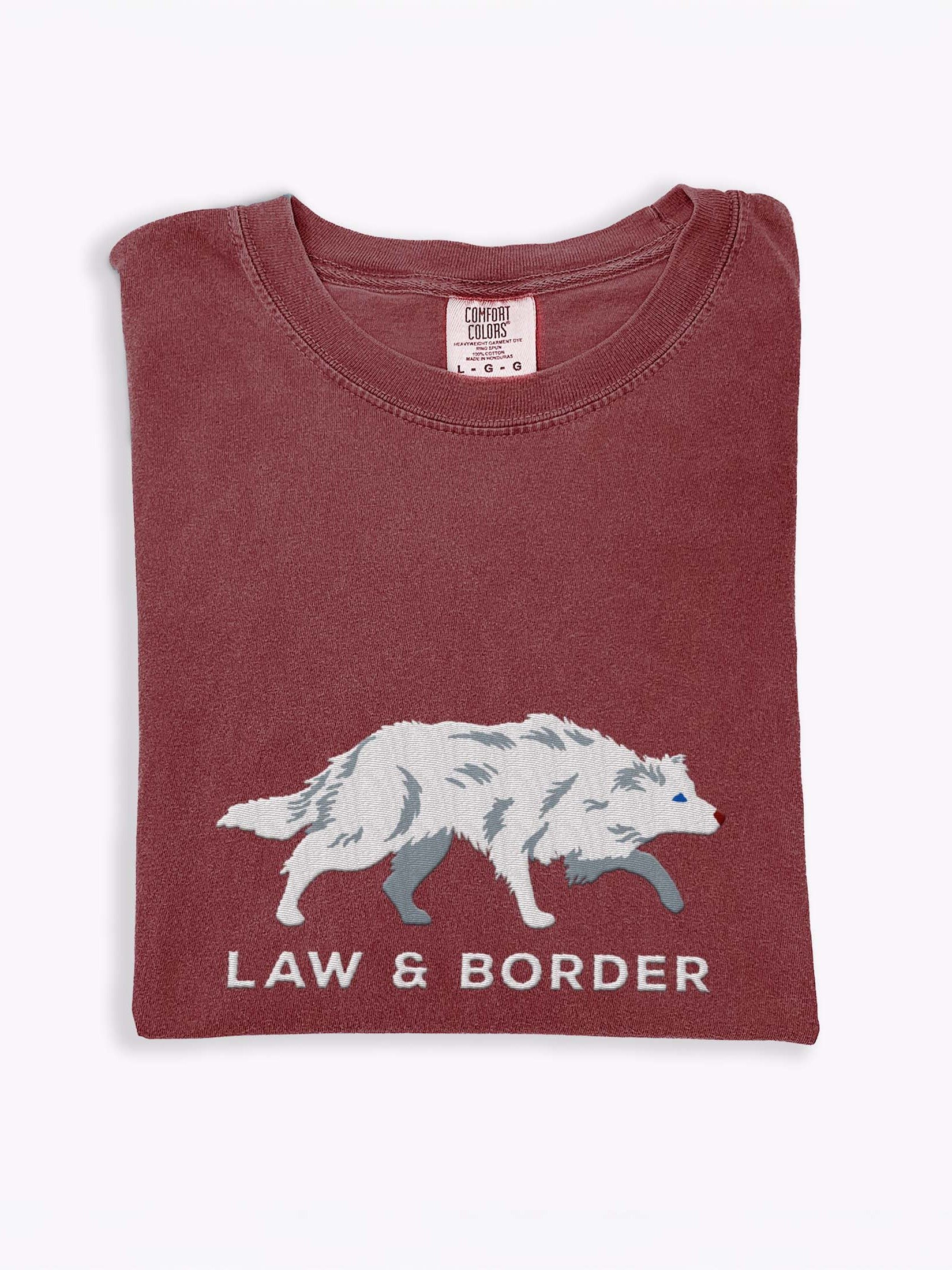 Law and Border T-Shirt(Embroidered) of a Border Collie(Double Merle/White) product image (1)