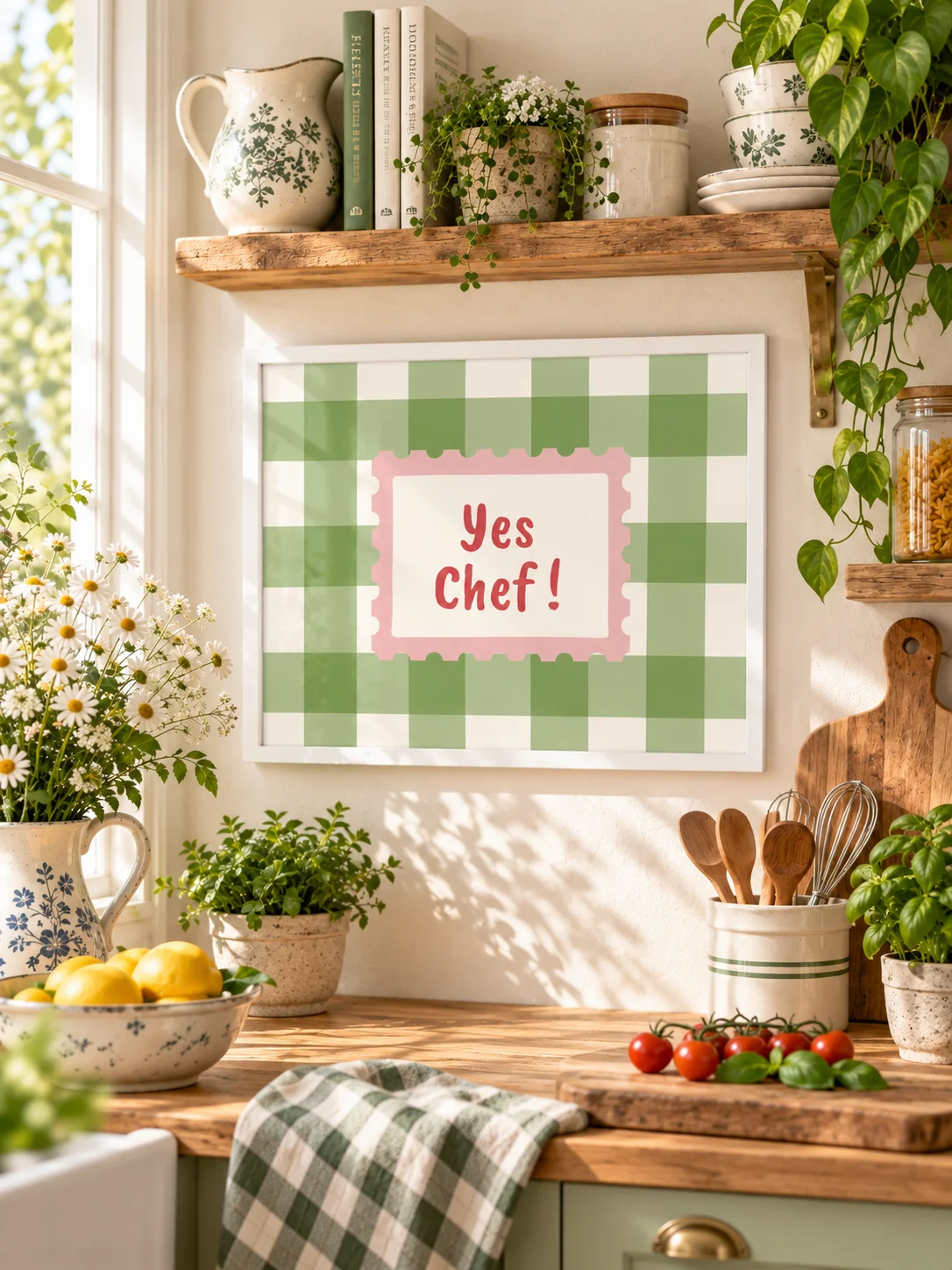 Yes Chef Printable Kitchen Wall Art | Green Gingham Retro Typography Poster product image (6)