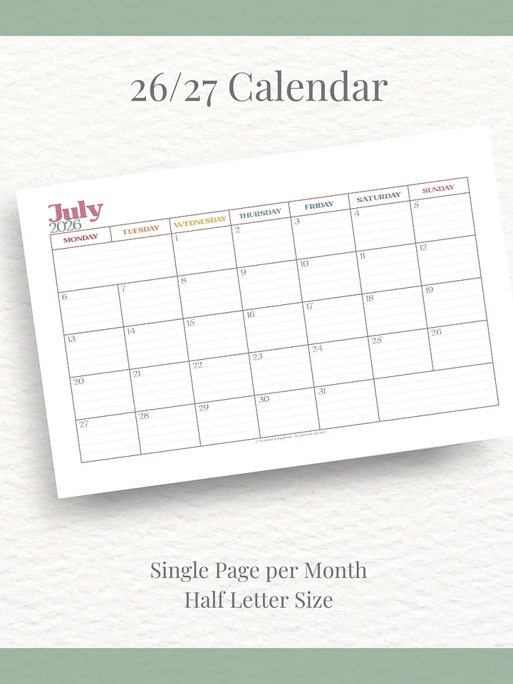Summer Garden - 26-27 Calendar - Single Page per Month - Half Letter Size product image (1)