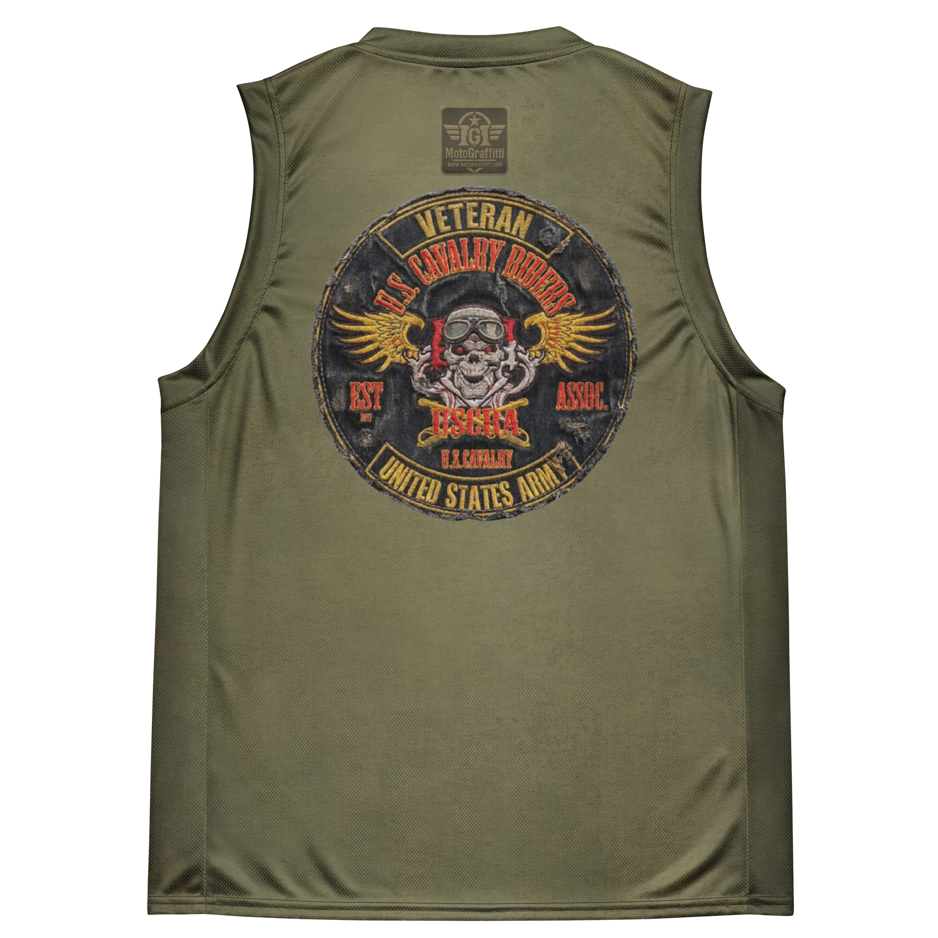 Distressed U.S. Cavalry Riders Skull Basketball Jersey OD Green product image (4)