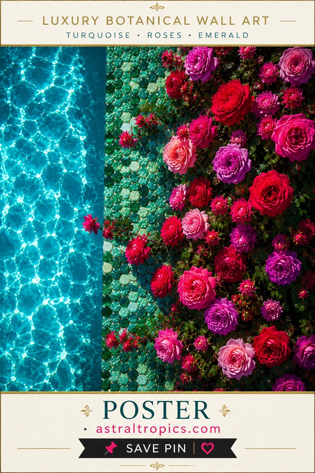 Turquoise Pool & Roses 10x10 Matte Poster | 8K Luxury Floral Wall Art | Emerald Fuchsia Botanical product image (1)