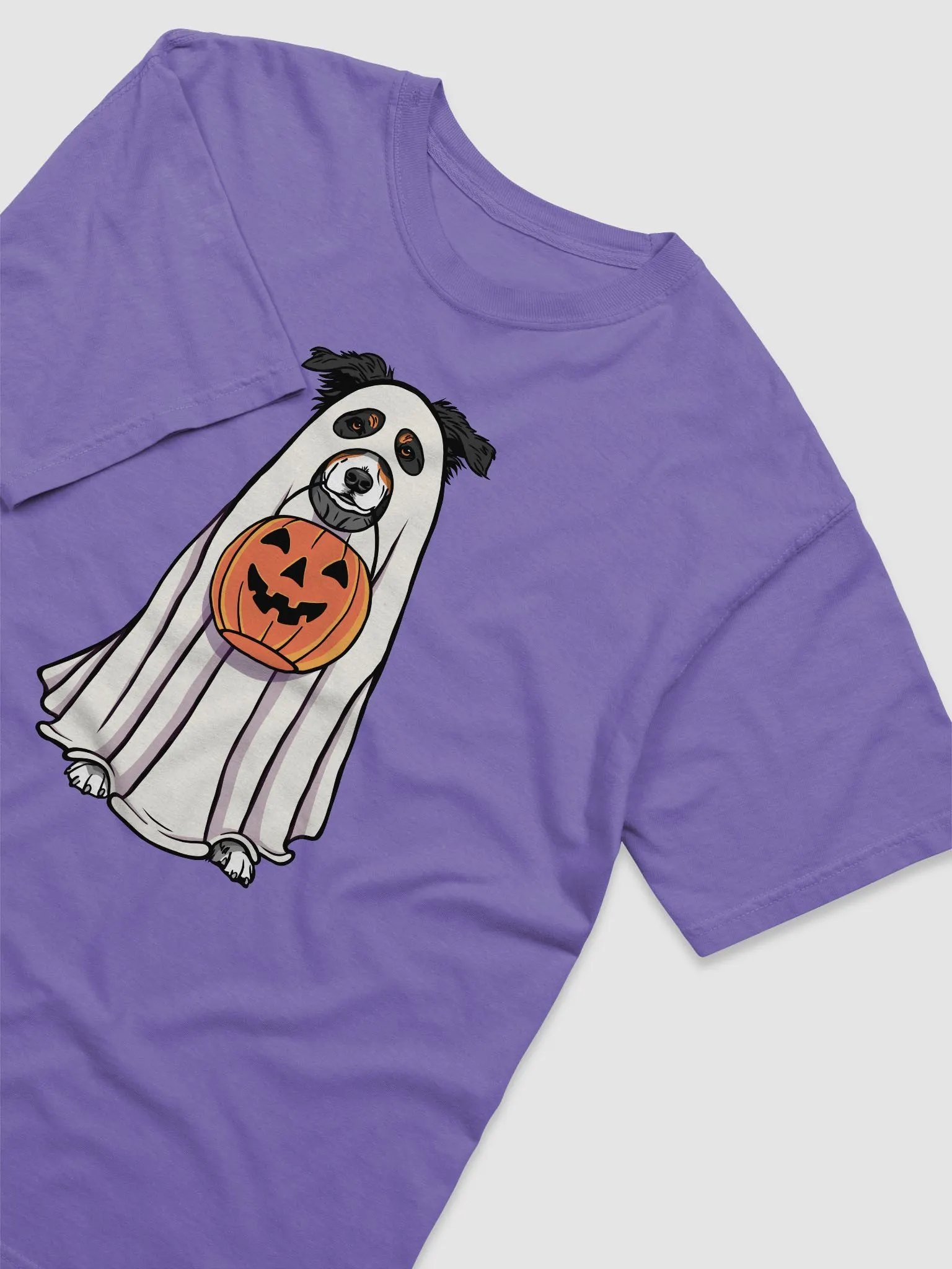 Funny Halloween Australian Shepherd(Tricolor)T-Shirt | Funny Aussie Wearing a Ghost Costume and Holding a Pumpkin Basket product image (6)