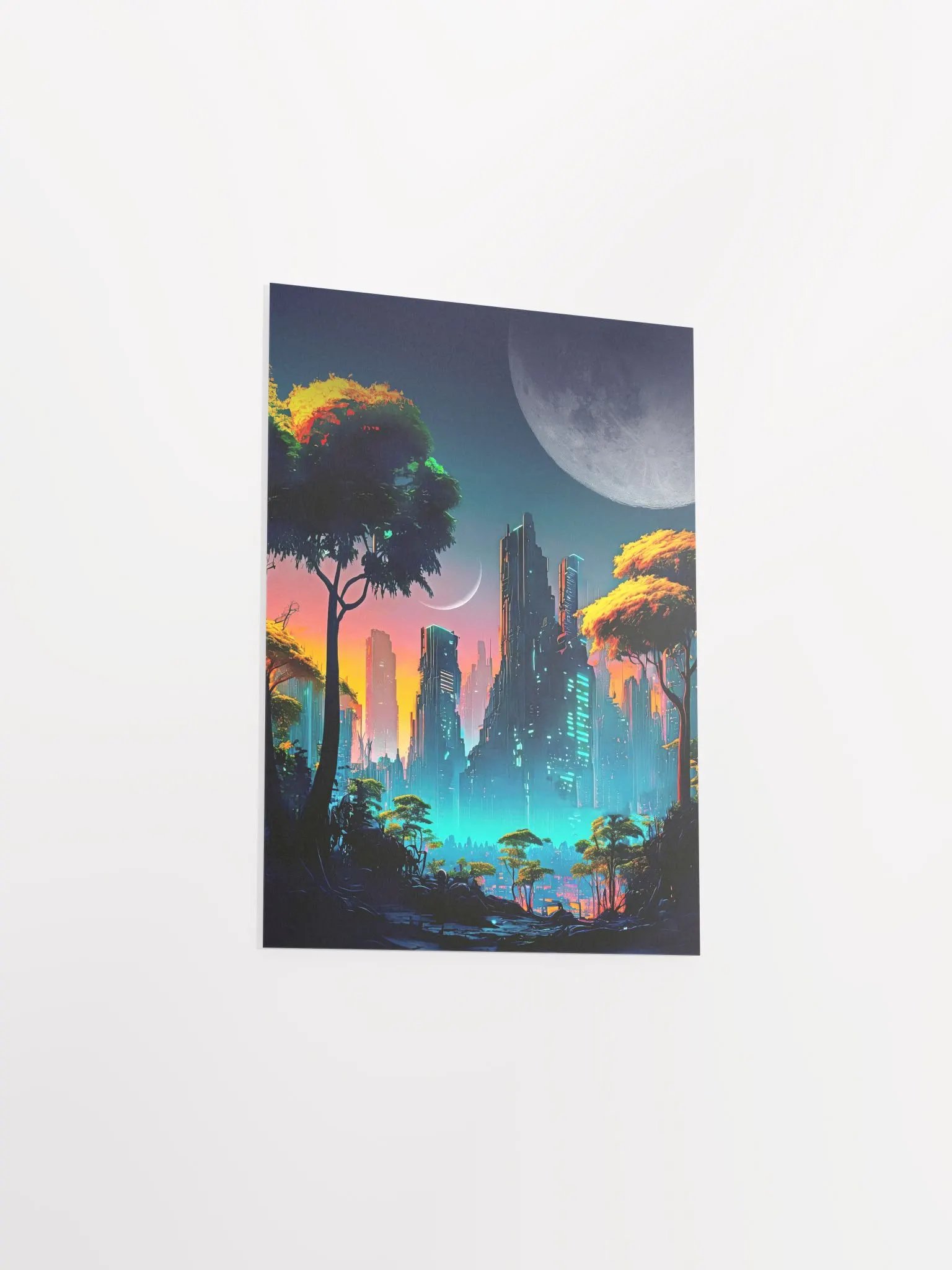 Neon cyberpunk city in a forest with Moons — surreal space collage art, futuristic sci-fi collage product image (8)