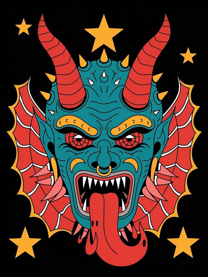 Fierce Oni Demon Mask Tattoo Design - Japanese Devil Horn Flash Art product image (1)