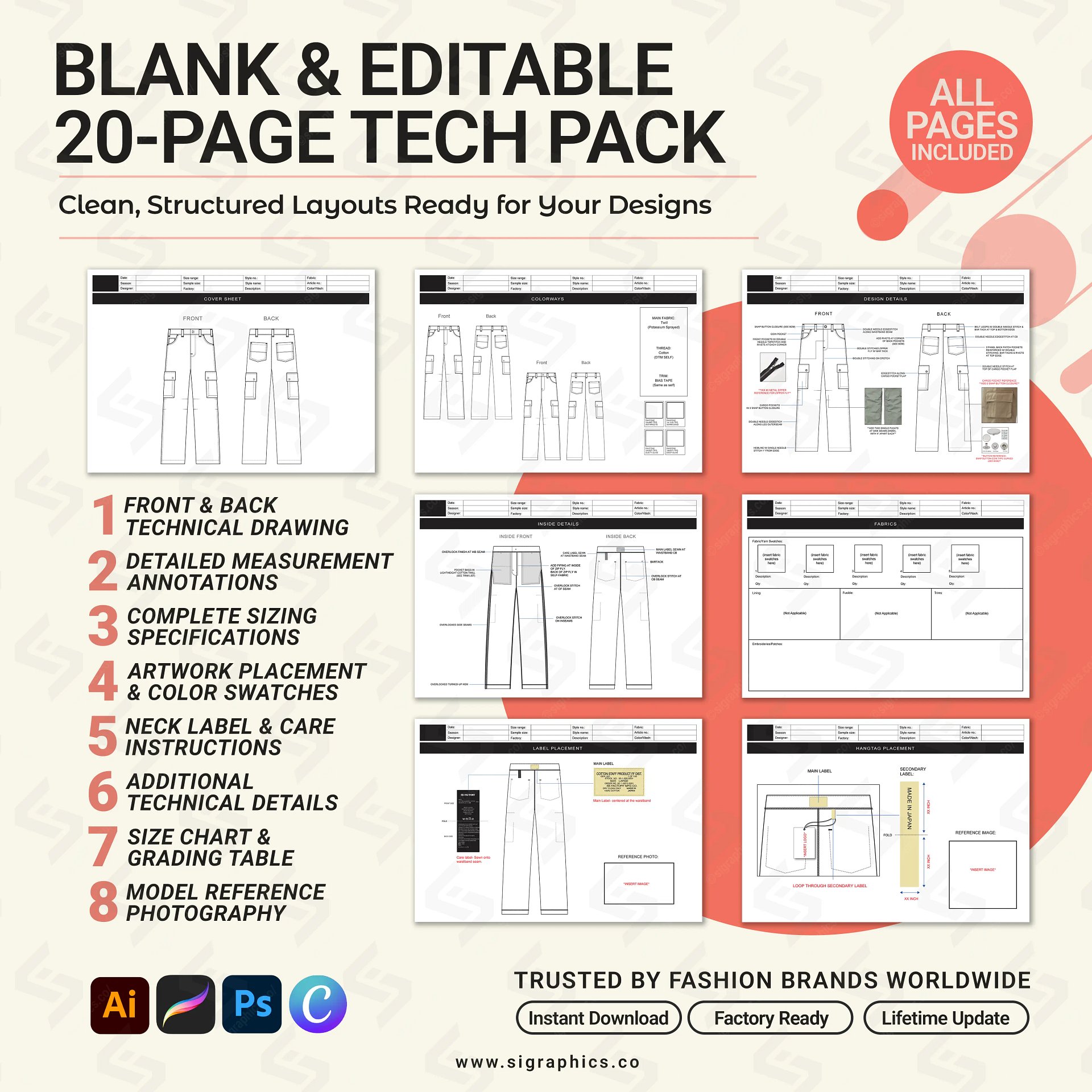 Straight-Leg Cargo Pants Tech Pack Template – Editable AI File product image (3)
