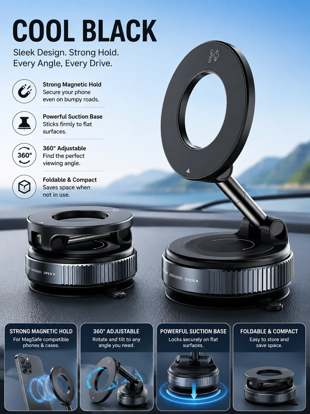 360° Magnetic Car Phone Holder – Foldable Suction Cup Mount for MagSafe Phones product image (2)