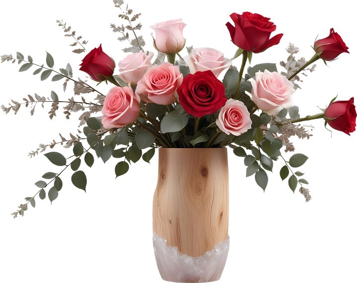 Tall Wooden and Rose Quartz Vase with Romantic Rose Arrangement PNG product image (1)