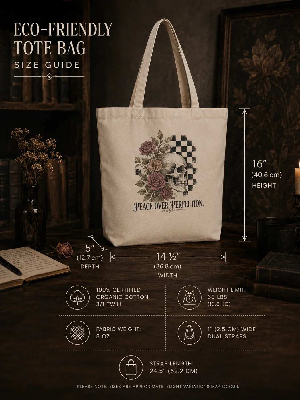 Peace Over Perfection | Floral Skull Tote Bag product image (4)