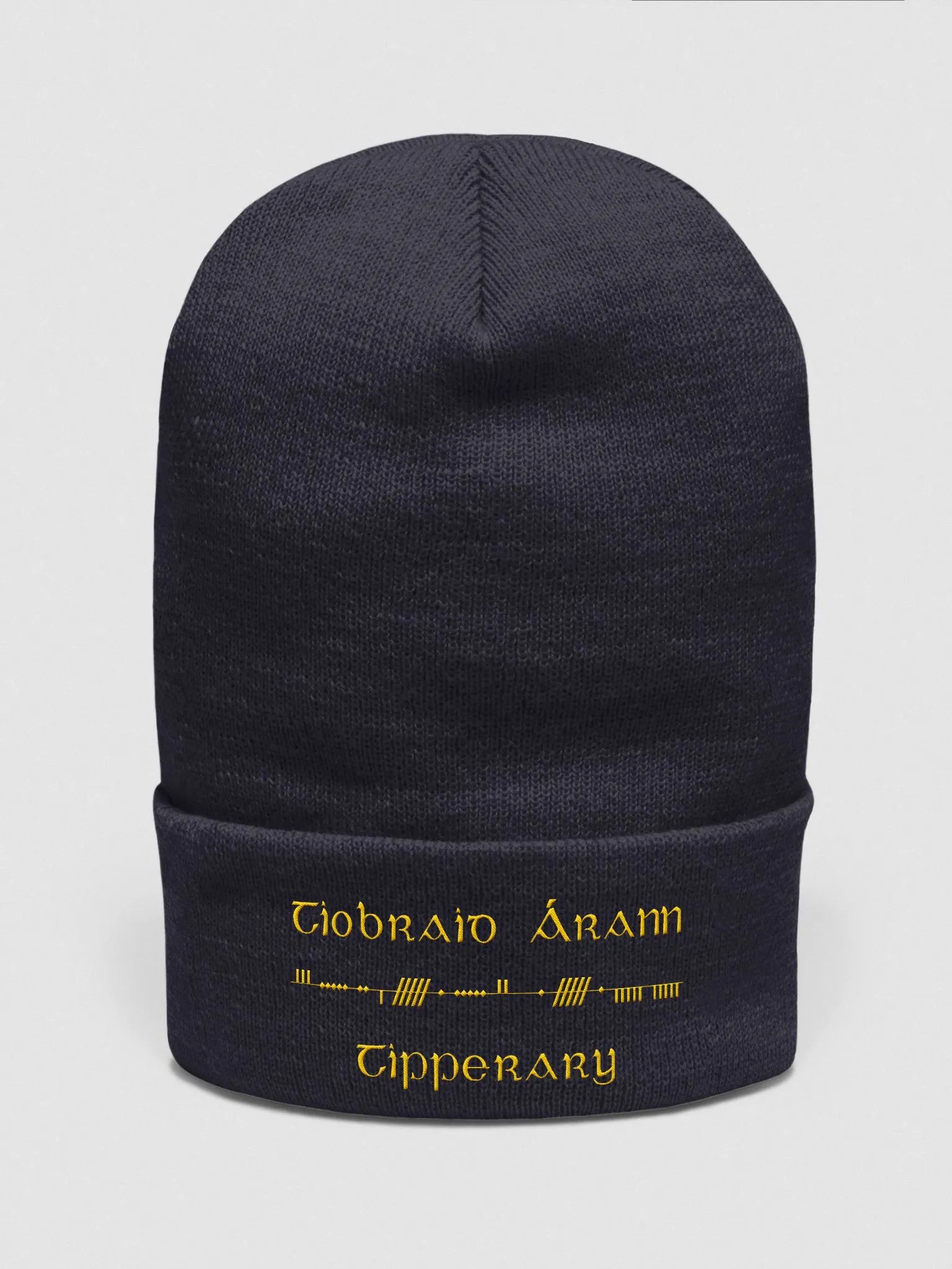 Tipperary/Tiobraid Árann Scholastic style Ogham, navy with gold, embroidered Cuffed Beanie product image (4)
