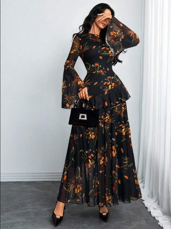 Women's Gothic Elegant Sexy Retro Trumpet Long Sleeve Romantic Colorful Double-Layer Long Sleeve Asymmetrical Large Dress Dress, Suitable For Daily Dates, Festivals And Vacations. product image (2)