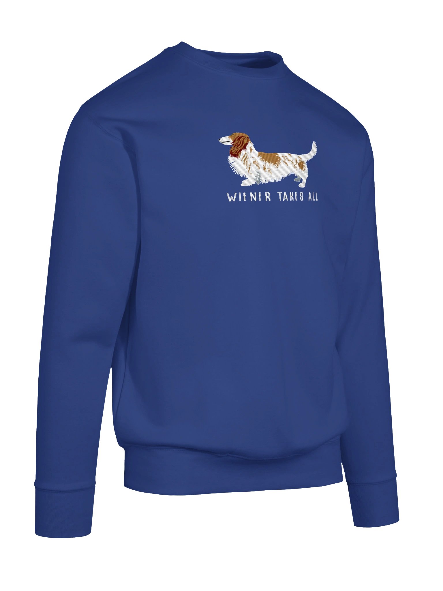 Wiener Takes All Sweatshirt (Embroidered) of a Longhaired Dachshund(Pied Brown & White) product image (24)
