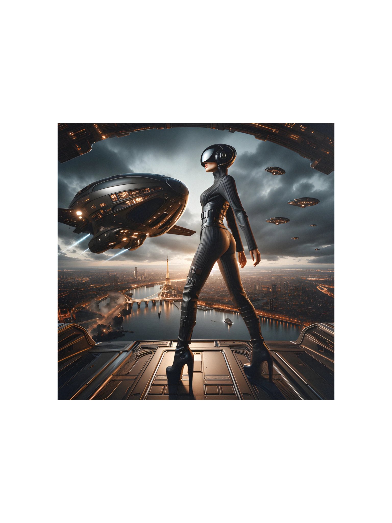 Cyberpunk Paris Art Print | Futuristic Woman Over Eiffel Tower | Sci-Fi Wall Decor product image (2)