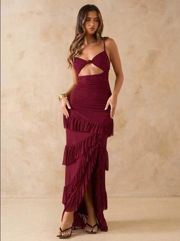 Women's Solid Color Wine Red High Slit Backless Ruffle Hem Mesh Dress, Suitable For Beach Vacation, Date, Brunch, Wedding Guest Wear, Spring/Summer Party Dresses For Women product image (5)