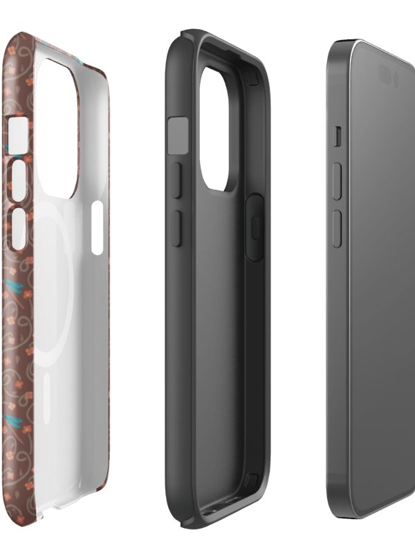 MagSafe case for iPhone with floral design and brown dragonflies. Artistic nature inspired protection product image (2)