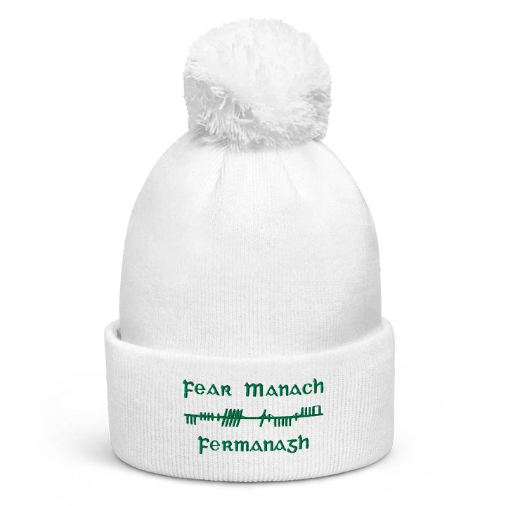 Fermanagh/Fear Manach Orthodox style Ogham, white with green, embroidered Pom-Pom Beanie product image (1)