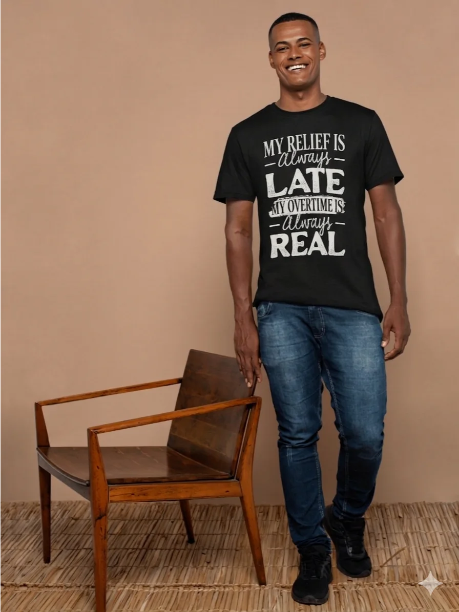 Hotel T-Shirt – My Relief is Always Late, My Overtime is Always Real (Black) product image (10)